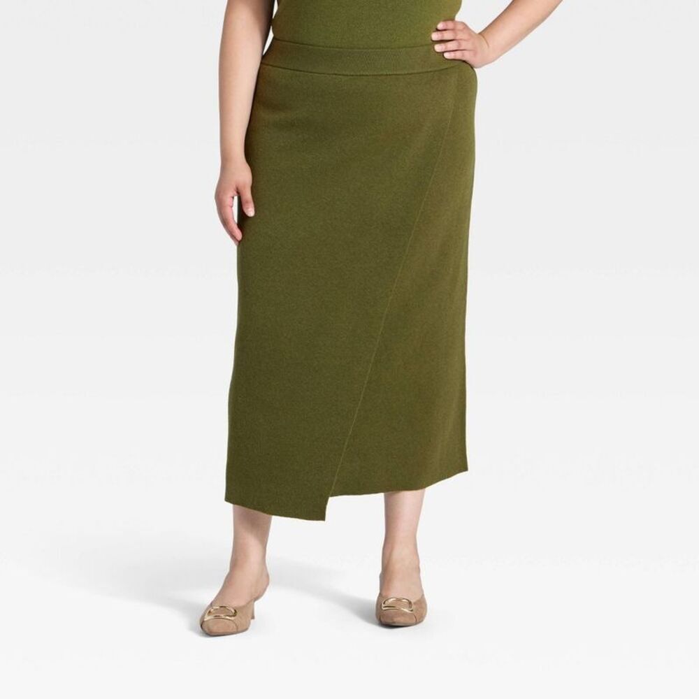 Women's Wrap Column Midi Skirt - A New Day Olive 3X